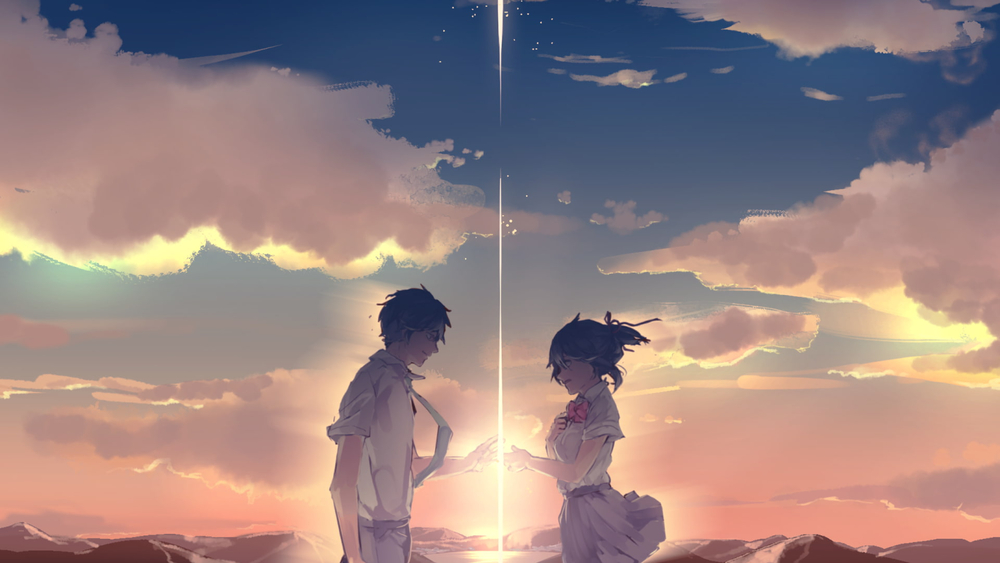 Cảnh hoàng hôn anime lãng mạn, trời mây tuyệt đẹp. Hình nền 1080x1920 HD, tạo cảm giác yên bình và thơ mộng.