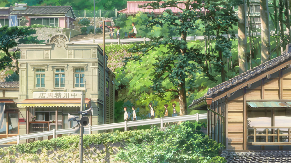Hình nền anime cảnh làng quê xanh tươi, nhà cửa cổ điển, 1080x1920, chất lượng HD, phong cảnh yên bình.