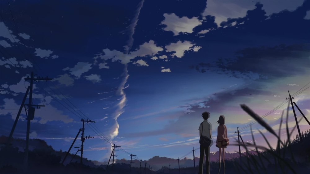Hoàng hôn anime đầy sao, cặp đôi đứng ngắm trời, nền trời xanh tím, độ phân giải 1080x1920 HD.