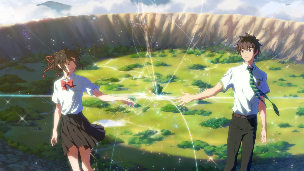 Hình nền anime phong cảnh đẹp, hai nhân vật bắt tay, 1080x1920 HD, ánh sáng lấp lánh, cảnh quan thiên nhiên.