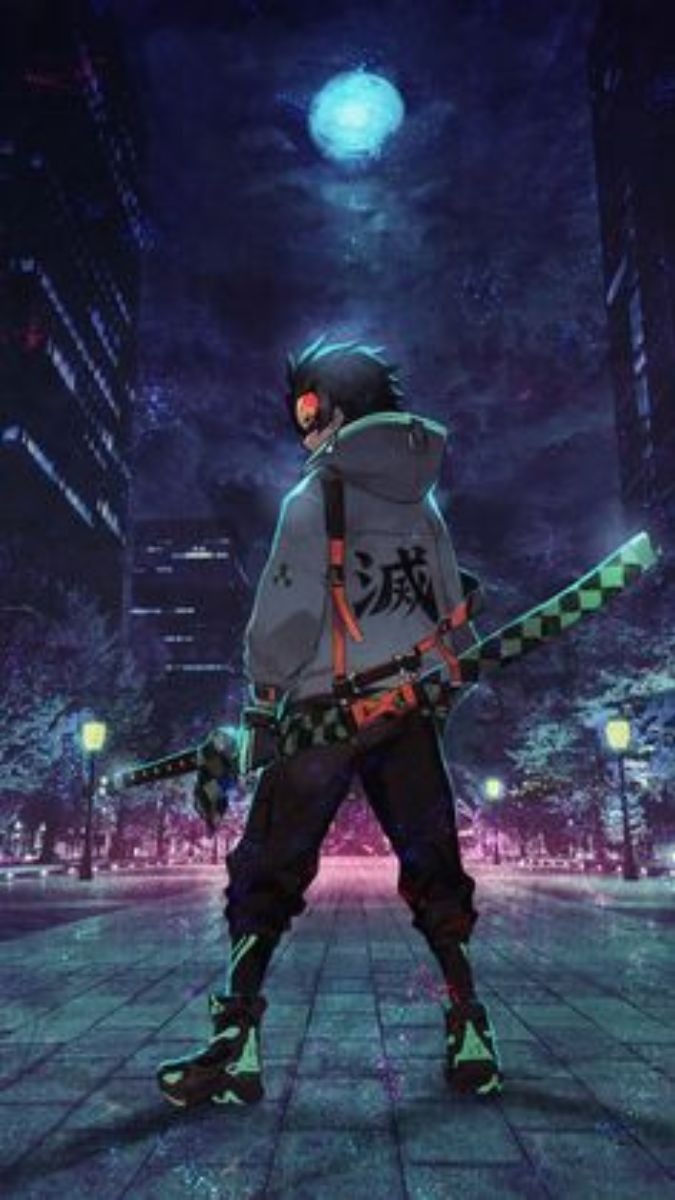 Ảnh nền anime 4K với chiến binh kiếm đạo trong thành phố đêm, ánh trăng sáng, độ phân giải 1080x1920.