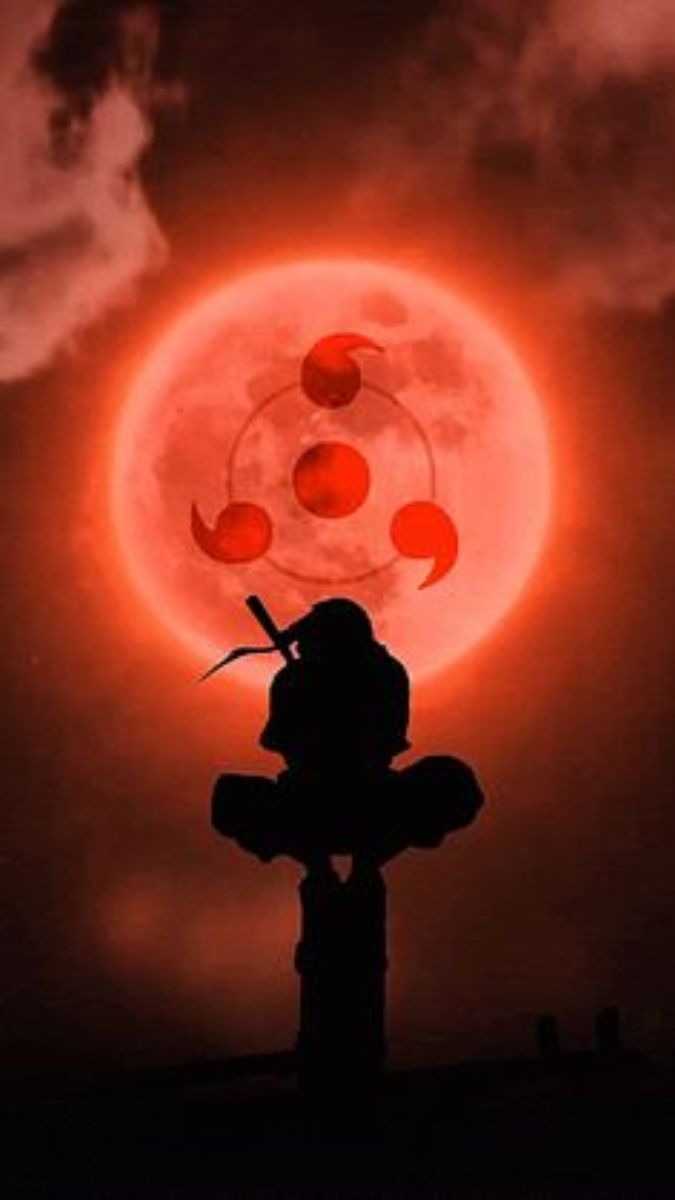 Silhouette ninja trước mặt trăng đỏ huyền bí, hình nền 1080x1920, chất lượng HD, chủ đề anime hấp dẫn.