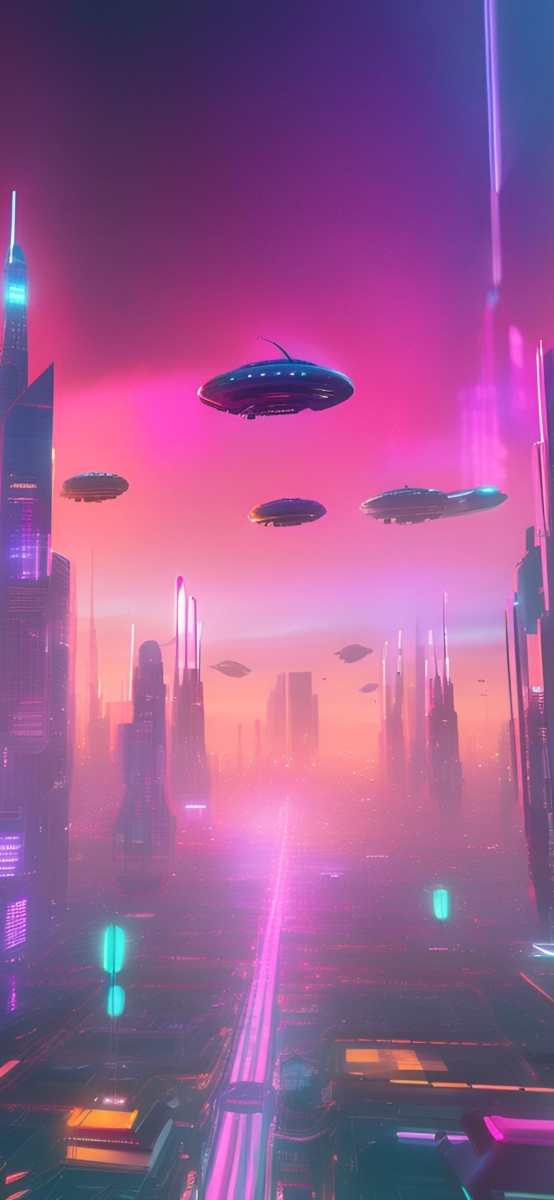Hình nền thành phố tương lai với UFO bay lơ lửng, độ phân giải 1080x1920, chất lượng HD, sắc màu neon rực rỡ.