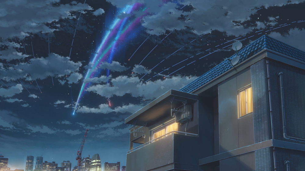 Hình nền anime đêm thành phố, sao băng rực rỡ trên bầu trời, độ phân giải 1080x1920, chất lượng HD.