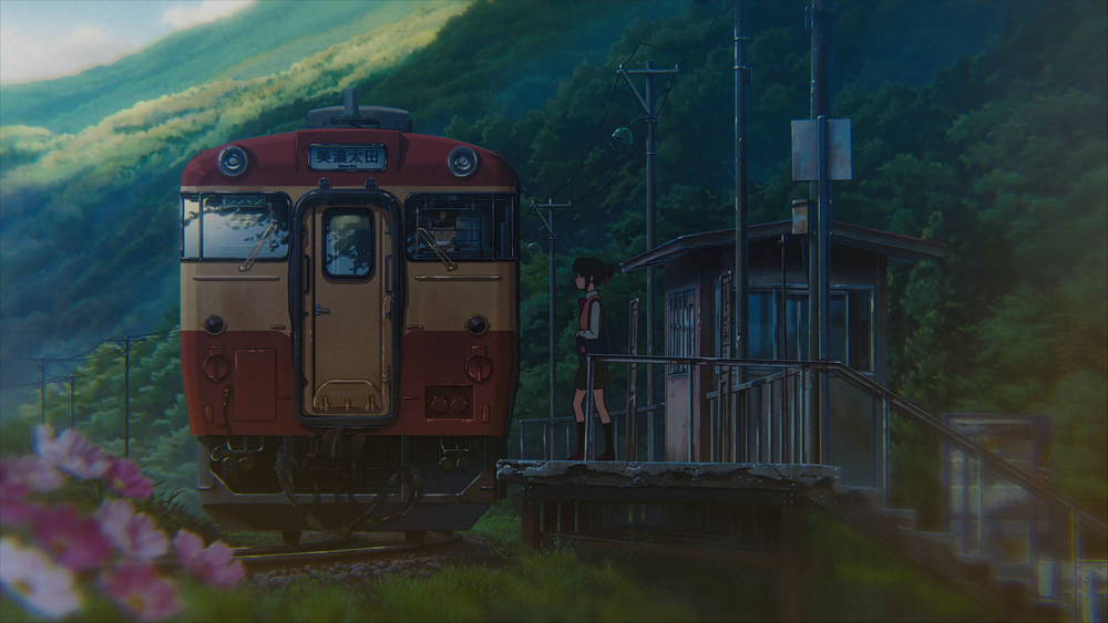 Hình nền anime phong cảnh tàu hỏa và ga nhỏ bên đồi núi xanh, độ phân giải 1080x1920, chất lượng HD.