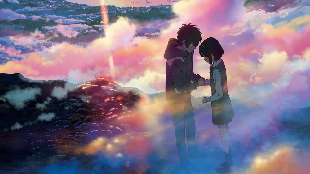 Ảnh nền anime lãng mạn, cảnh đôi trẻ trong sương mù màu sắc, độ phân giải 1080x1920, chất lượng HD.