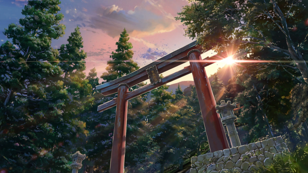 Cổng Torii trong rừng xanh dưới ánh hoàng hôn, hình nền phong cảnh 4K (563x1000), chất lượng HD.