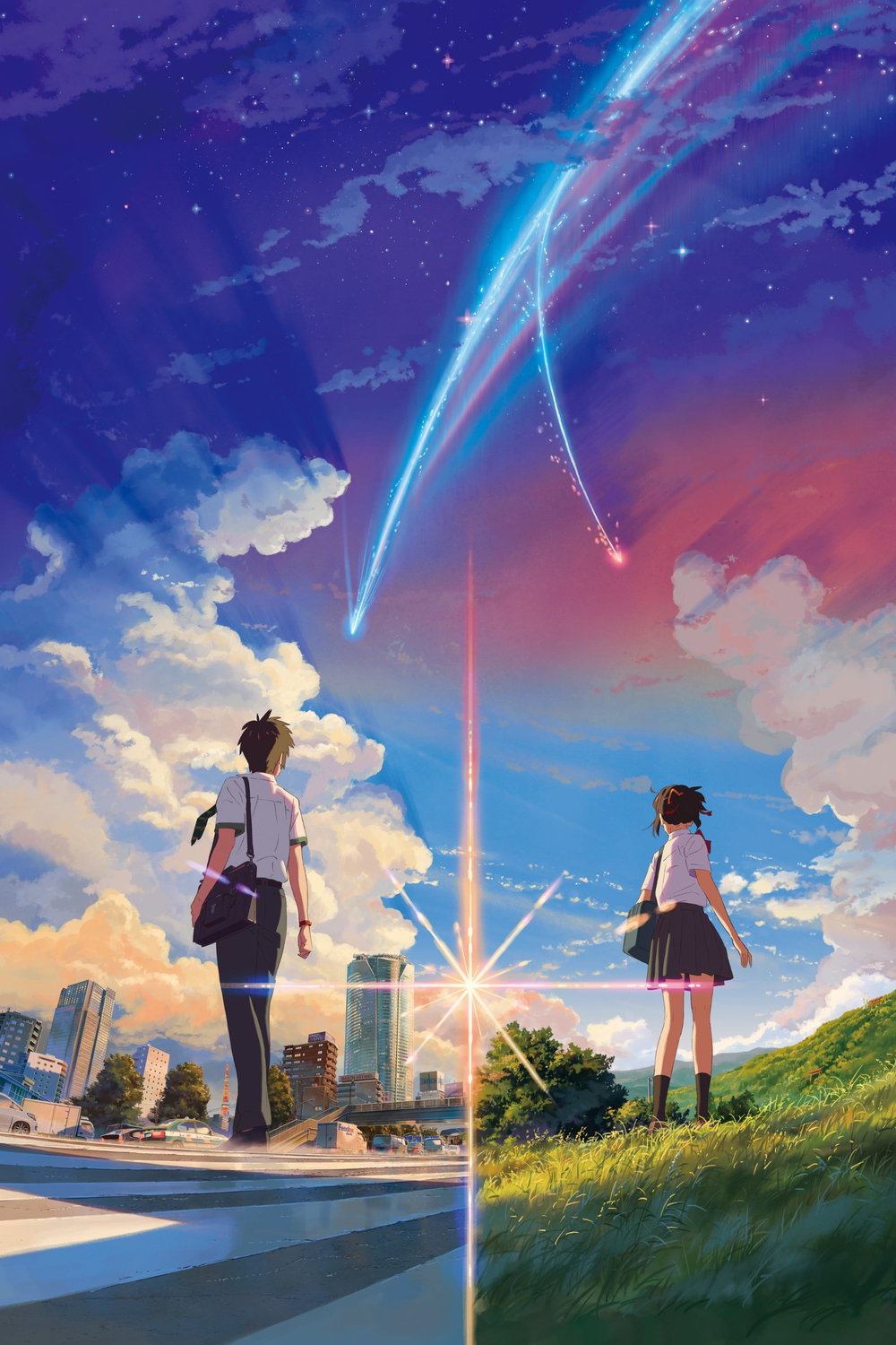 Ảnh nền anime 4K, đôi bạn ngắm sao băng trên bầu trời thành phố, độ phân giải 1080x1920, cảnh hoàng hôn tuyệt đẹp.