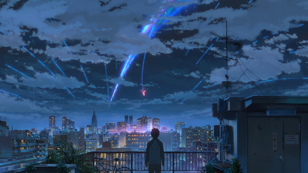 Hình nền anime thành phố đêm ngắm sao băng, độ phân giải 1080x1920, chất lượng HD, phong cảnh đẹp mê hoặc.