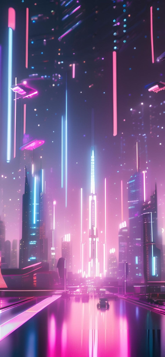 Hình nền thành phố tương lai neon, 1080x1920, chất lượng 4K, ánh sáng rực rỡ, phong cách cyberpunk hấp dẫn.