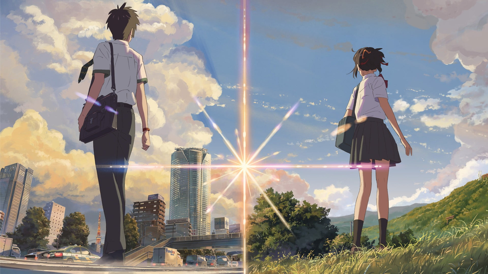 Anime phong cảnh thành phố với hai nhân vật, trời xanh và mây, độ phân giải 1080x1920, chất lượng HD.