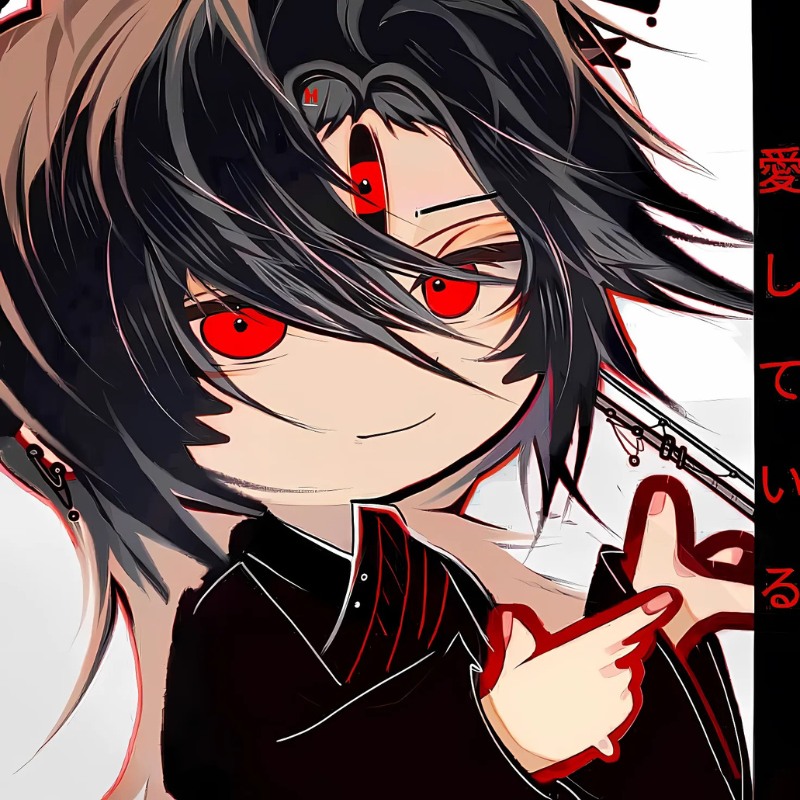 H&igrave;nh nền anime nh&acirc;n vật mắt đỏ, t&oacute;c đen, phong c&aacute;ch ma qu&aacute;i, độ ph&acirc;n giải 1080x1920, chất lượng HD.