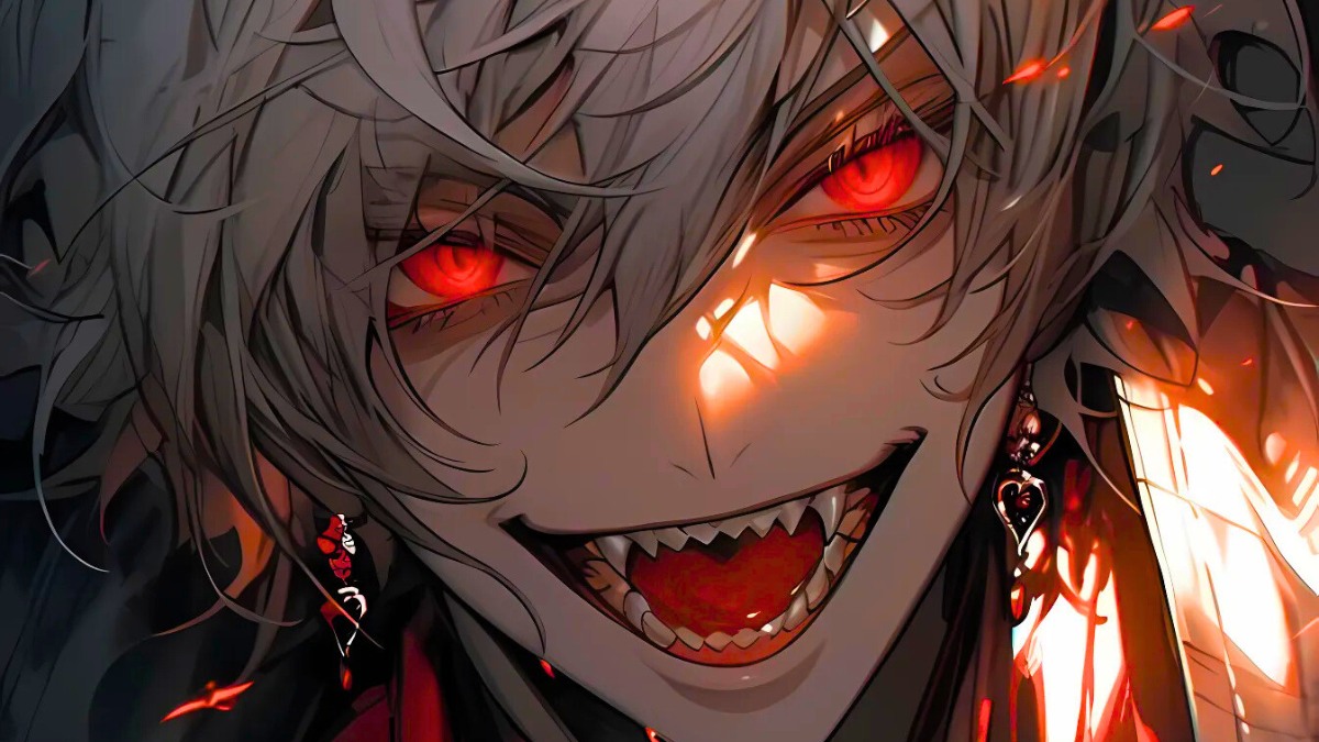 Anime nh&acirc;n vật với mắt đỏ ma qu&aacute;i, t&oacute;c trắng, độ ph&acirc;n giải 1080x1920, h&igrave;nh nền HD đầy b&iacute; ẩn v&agrave; sắc n&eacute;t.