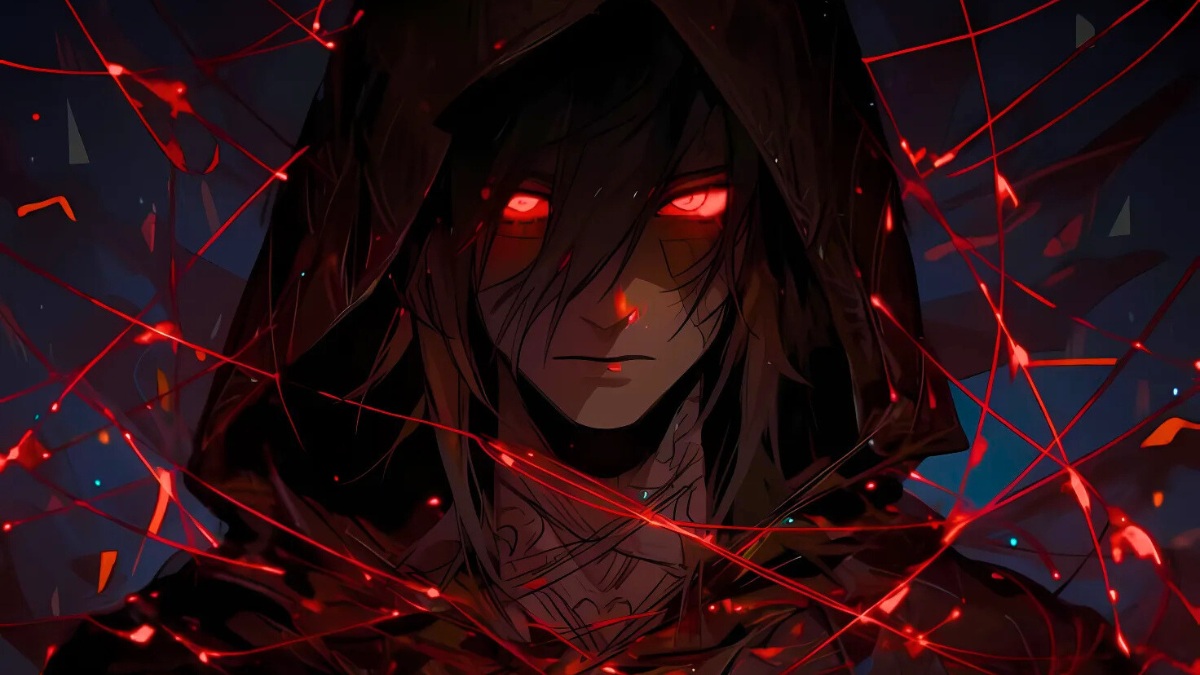 H&igrave;nh nền anime tối tăm với đ&ocirc;i mắt đỏ rực, hiệu ứng &aacute;nh s&aacute;ng mạnh mẽ, độ ph&acirc;n giải 1080x1920, chất lượng HD.