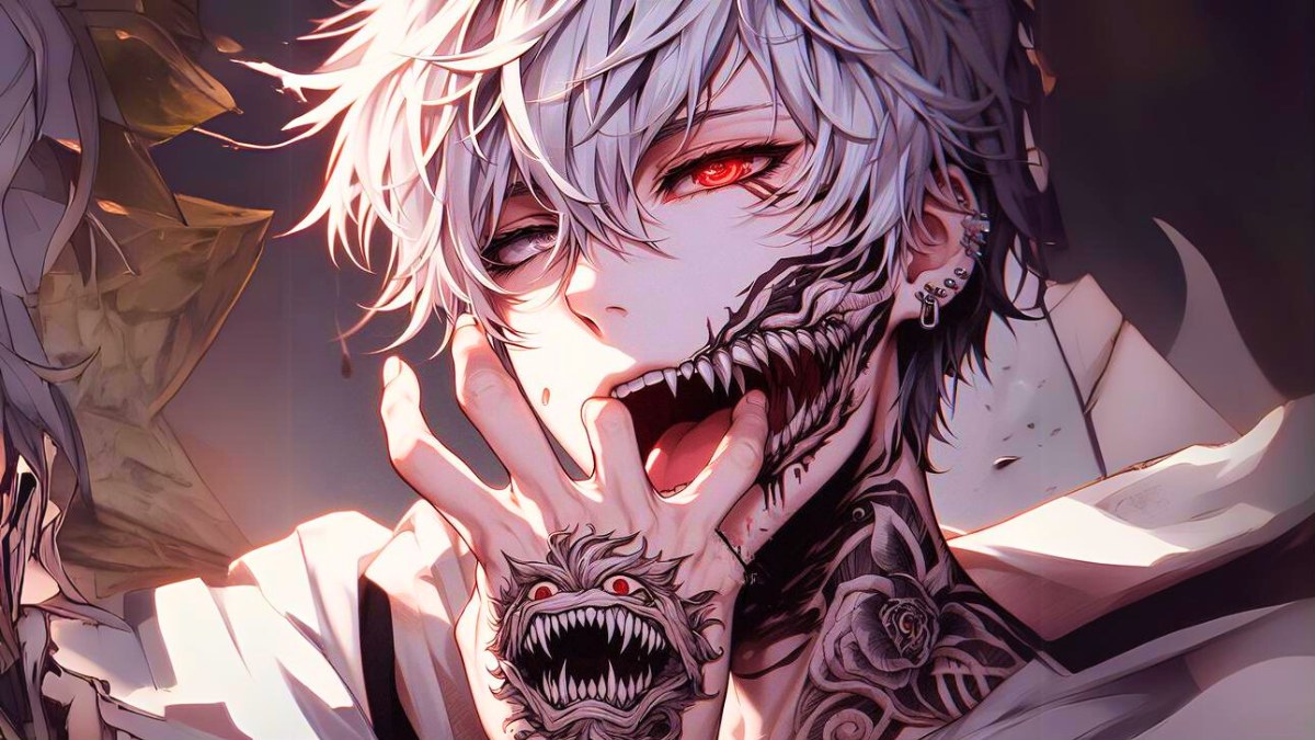 Anime nh&acirc;n vật b&iacute; ẩn với t&oacute;c trắng v&agrave; mắt đỏ, h&igrave;nh nền HD, nghệ thuật sắc n&eacute;t 1080x1920, phong c&aacute;ch ma qu&aacute;i.