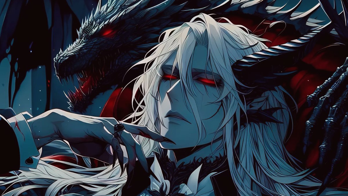 H&igrave;nh nền anime huyền b&iacute; với nh&acirc;n vật v&agrave; rồng, mắt đỏ, chất lượng HD, độ ph&acirc;n giải 1080x1920.