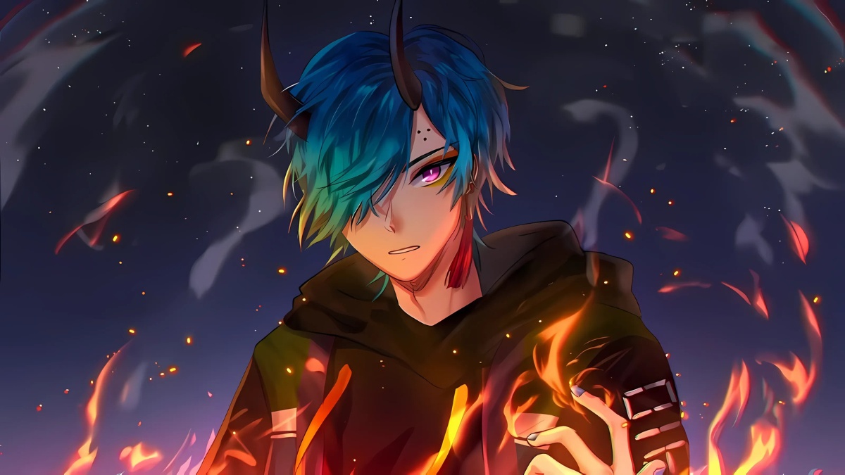 H&igrave;nh nền anime b&iacute; ẩn với nh&acirc;n vật t&oacute;c xanh v&agrave; lửa, độ ph&acirc;n giải 1080x1920, chất lượng HD, thu h&uacute;t v&agrave; ấn tượng.