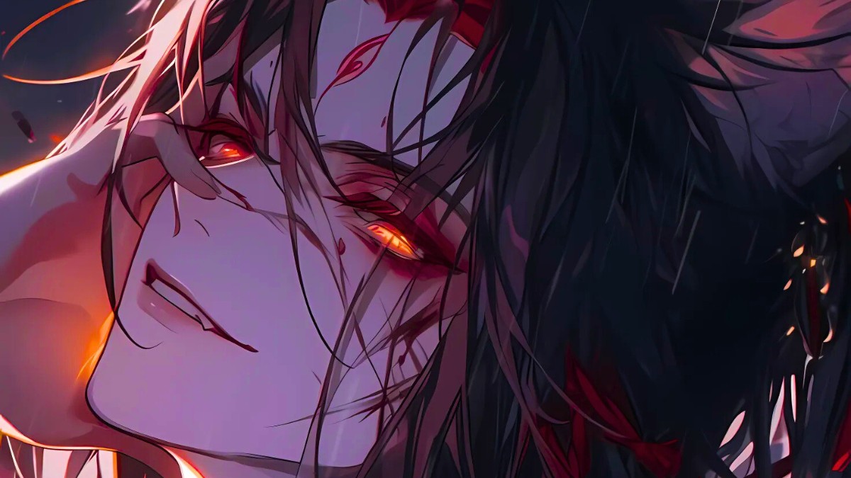 H&igrave;nh nền anime nghệ thuật sắc n&eacute;t 1080x1920, &aacute;nh mắt rực lửa, chất lượng HD, tạo cảm gi&aacute;c b&iacute; ẩn v&agrave; cuốn h&uacute;t.