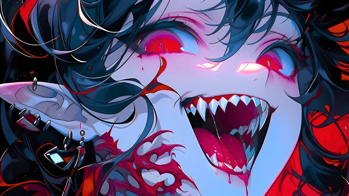 H&igrave;nh nền anime kinh dị sống động, nh&acirc;n vật với mắt đỏ v&agrave; răng nanh, độ ph&acirc;n giải 1080x1920, chất lượng HD.
