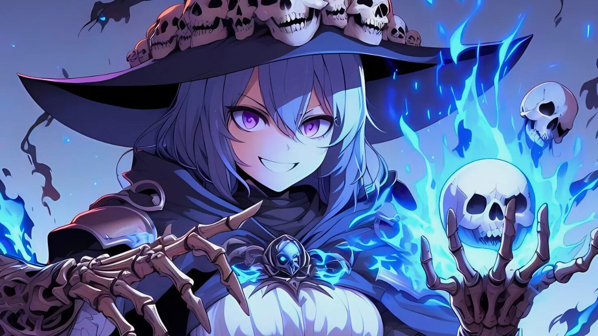 H&igrave;nh nền ph&aacute;p sư ma thuật với n&oacute;n sọ, &aacute;nh lửa xanh, độ ph&acirc;n giải 1080x1920, chất lượng HD, phong c&aacute;ch fantasy.