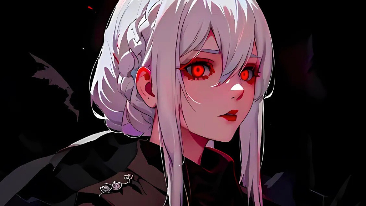 Anime girl with white hair and red eyes, dark background, 1080x1920 HD wallpaper, mysterious and captivating look.