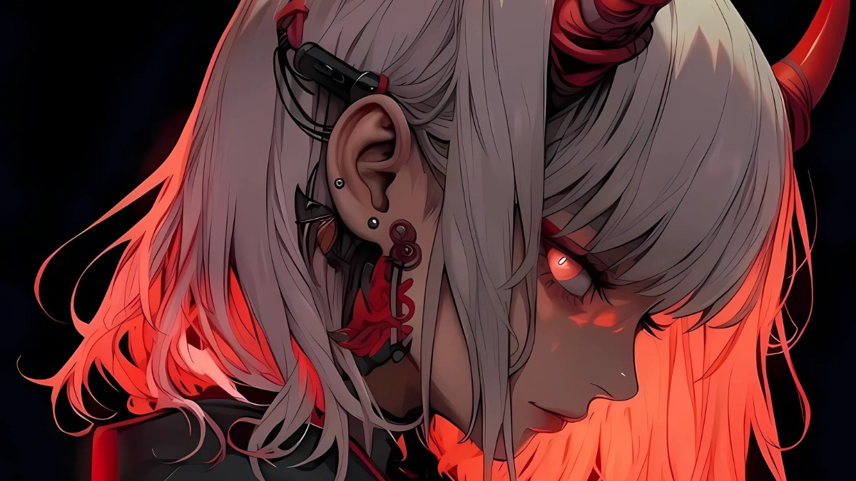 H&igrave;nh nền anime g&aacute;i t&oacute;c trắng, sừng đỏ, &aacute;nh s&aacute;ng ma mị, độ ph&acirc;n giải 1080x1920, chất lượng HD.