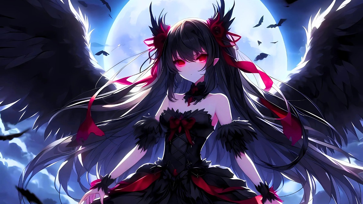 Anime girl with dark wings and red eyes under moonlit sky, HD wallpaper, 675x1200, fantasy art.
