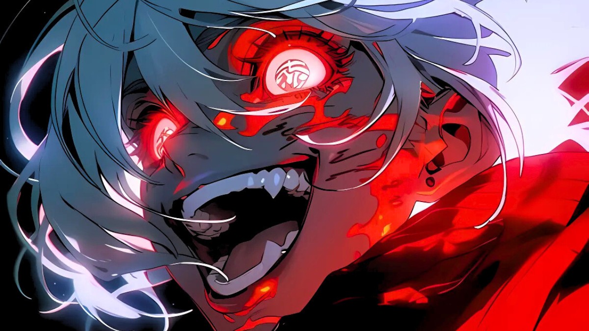 Khu&ocirc;n mặt anime biểu cảm mạnh mẽ, mắt đỏ s&aacute;ng rực; h&igrave;nh nền 1080x1920 HD sống động, nghệ thuật anime độc đ&aacute;o.