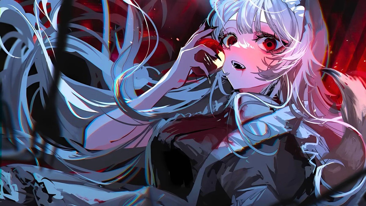 H&igrave;nh nền anime nữ ma c&agrave; rồng với đ&ocirc;i mắt đỏ rực, t&oacute;c d&agrave;i, ấn tượng, 1080x1920, chất lượng HD, nghệ thuật sống động.