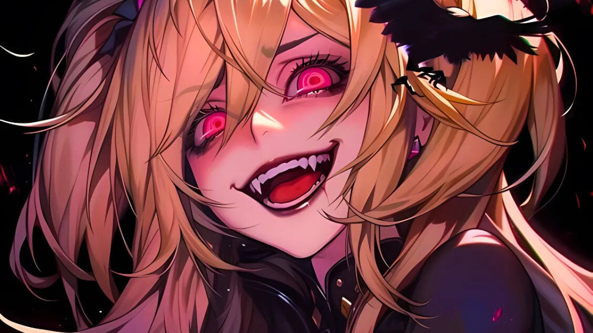 H&igrave;nh nền anime nh&acirc;n vật nữ mắt đỏ nổi bật, chất lượng HD, độ ph&acirc;n giải 1080x1920, phong c&aacute;ch huyền b&iacute;.