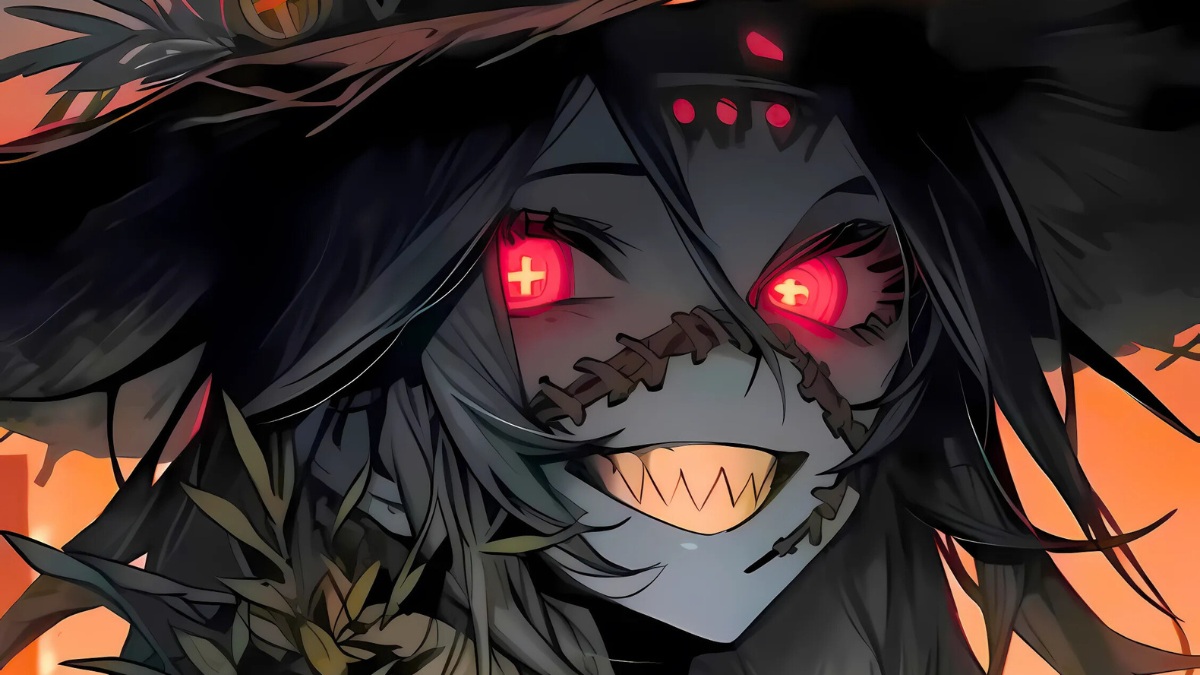 H&igrave;nh nền anime ma qu&aacute;i với đ&ocirc;i mắt s&aacute;ng rực, độ ph&acirc;n giải 1080x1920, chất lượng HD, phong c&aacute;ch Halloween.