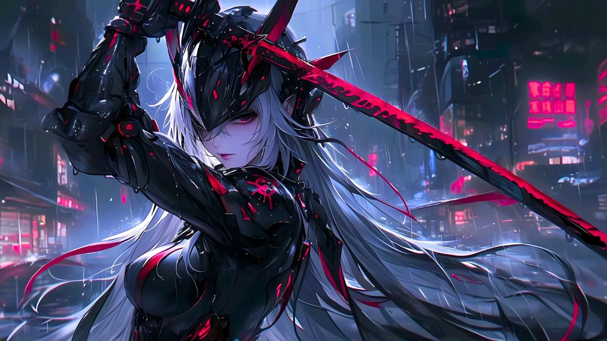 Nữ chiến binh anime trong th&agrave;nh phố tương lai, 4K si&ecirc;u n&eacute;t, k&iacute;ch thước 1080x1920, phong c&aacute;ch cyberpunk hấp dẫn.