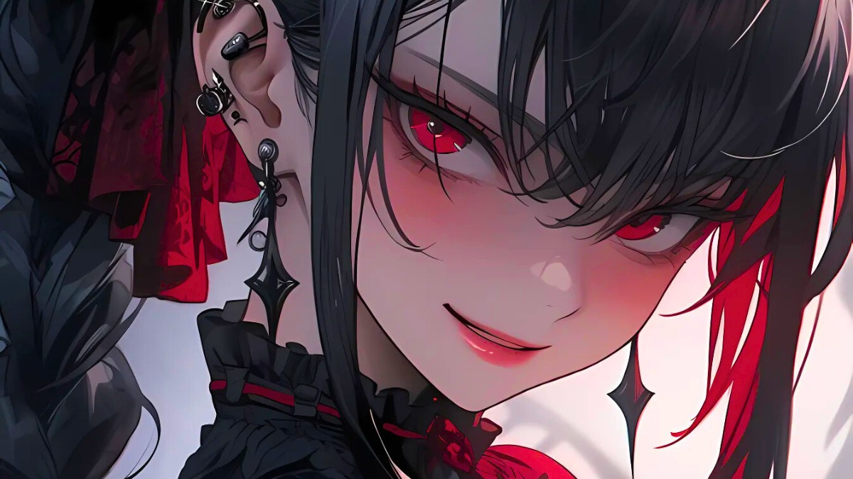 Anime girl with red eyes, gothic style, 4K HD wallpaper, 675x1200 resolution, captivating and mysterious theme.