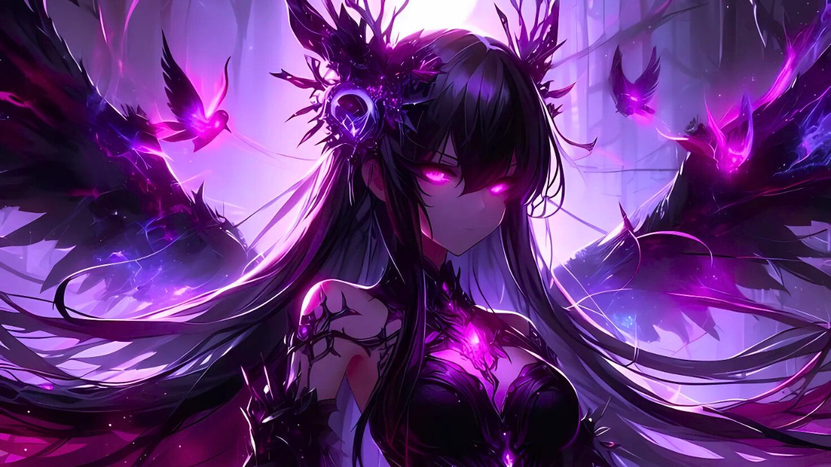 Nền anime huyền b&iacute; với nh&acirc;n vật nữ v&agrave; &aacute;nh s&aacute;ng t&iacute;m, HD 1080x1920, chất lượng 4K, ảnh nền fantasy cuốn h&uacute;t.