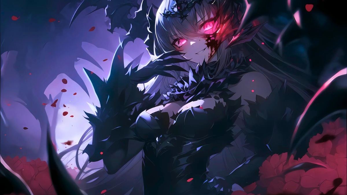 H&igrave;nh nền anime huyền b&iacute; với nh&acirc;n vật nữ &aacute;nh mắt đỏ, chất lượng HD, độ ph&acirc;n giải 675x1200, phong c&aacute;ch tối tăm.