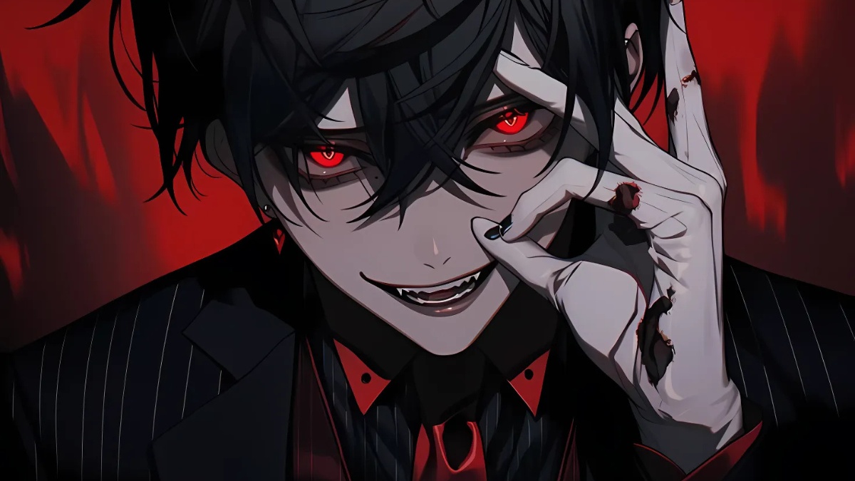 H&igrave;nh nền anime huyền b&iacute; với nh&acirc;n vật mắt đỏ, độ ph&acirc;n giải 1080x1920, chất lượng HD, tạo cảm gi&aacute;c ma mị, cuốn h&uacute;t.