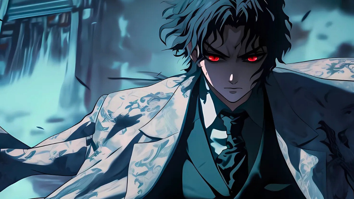 Nh&acirc;n vật anime b&iacute; ẩn với mắt đỏ, &aacute;o vest hoa văn, nền xanh u &aacute;m, chất lượng HD, độ ph&acirc;n giải 1080x1920.