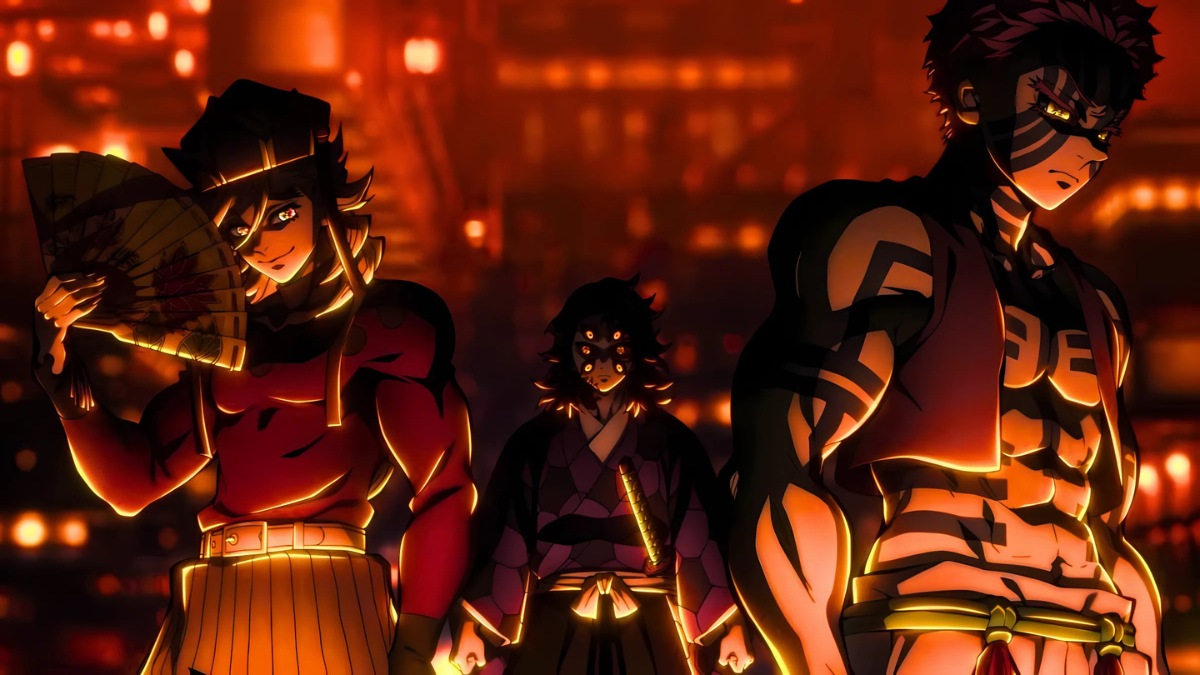 H&igrave;nh nền anime 3 nh&acirc;n vật b&iacute; ẩn trong &aacute;nh s&aacute;ng đỏ rực, độ ph&acirc;n giải 675x1200, chất lượng HD, nghệ thuật sống động.