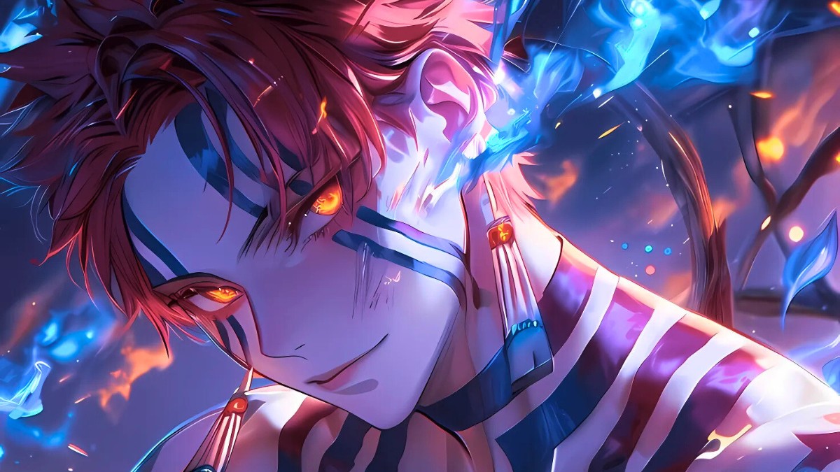 Anime nh&acirc;n vật với đ&ocirc;i mắt s&aacute;ng rực, hiệu ứng lửa xanh, độ ph&acirc;n giải 1080x1920, chất lượng HD.