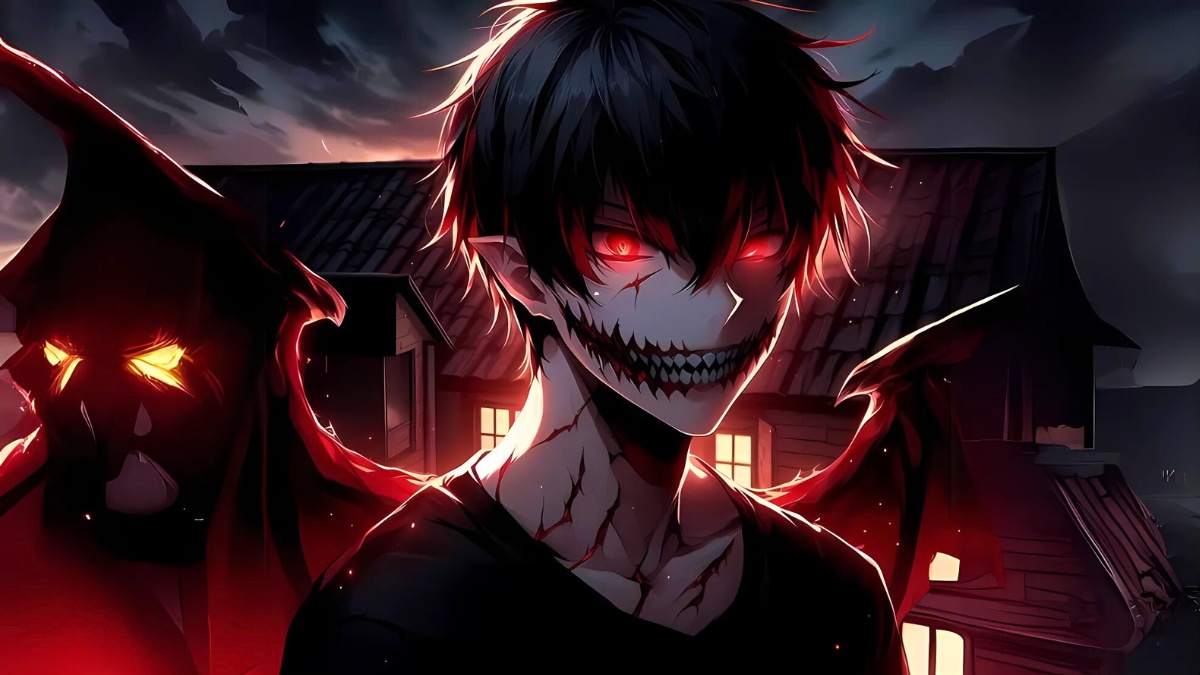 H&igrave;nh nền anime ma qu&aacute;i với nh&acirc;n vật mắt đỏ, 1080x1920, chất lượng HD, phong c&aacute;ch huyền b&iacute;, th&iacute;ch hợp cho fan anime.