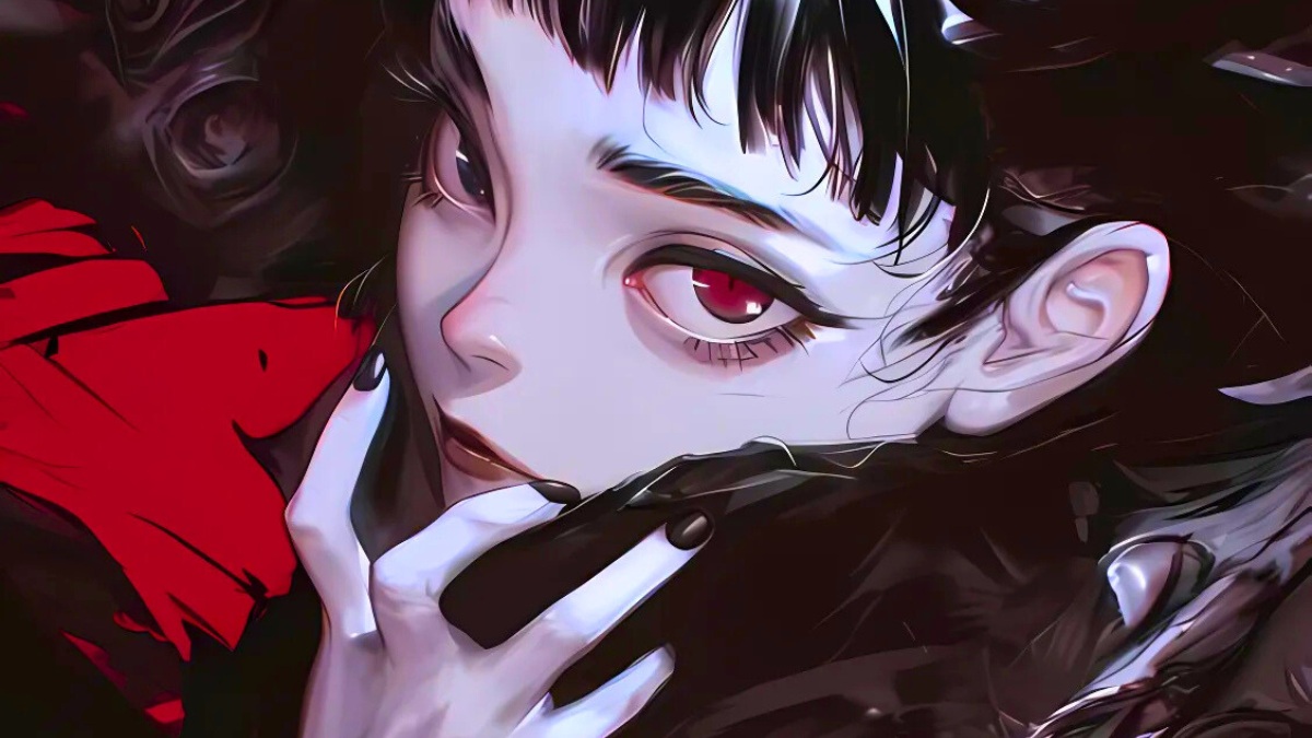 H&igrave;nh nền anime nghệ thuật, c&ocirc; g&aacute;i với mắt đỏ nổi bật, độ ph&acirc;n giải 1080x1920, chất lượng HD, phong c&aacute;ch b&iacute; ẩn.