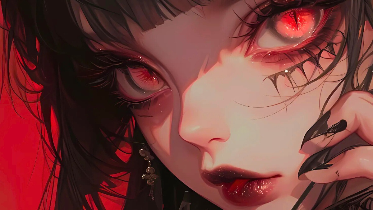 Anime girl with striking red eyes, intense gaze, HD quality, dark aesthetic, 1080x1920 background.