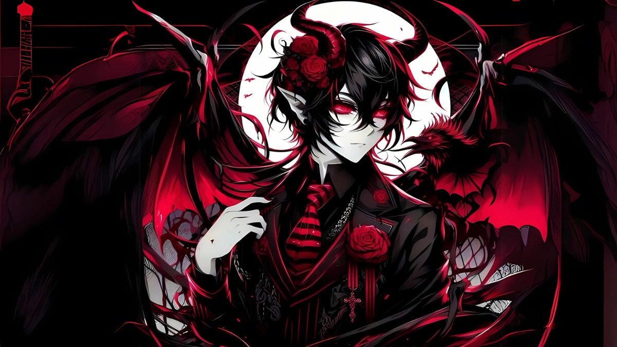 H&igrave;nh nền anime huyền b&iacute; với &aacute;c quỷ, hoa hồng đỏ, độ ph&acirc;n giải 1080x1920, chất lượng HD, phong c&aacute;ch tối tăm.