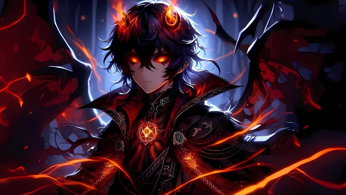 H&igrave;nh nền anime ma thuật tối, chất lượng HD, độ ph&acirc;n giải 1080x1920, nh&acirc;n vật huyền b&iacute; với &aacute;nh lửa b&ugrave;ng ch&aacute;y.