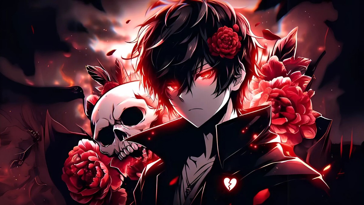 H&igrave;nh nền anime tối tăm với hoa đỏ v&agrave; đầu l&acirc;u, 1080x1920 HD, phong c&aacute;ch nghệ thuật cuốn h&uacute;t.