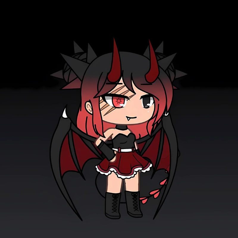 Anime nh&acirc;n vật phong c&aacute;ch quỷ với sừng đỏ, c&aacute;nh dơi, độ ph&acirc;n giải 768x768, h&igrave;nh ảnh HD, nền đen huyền b&iacute;.