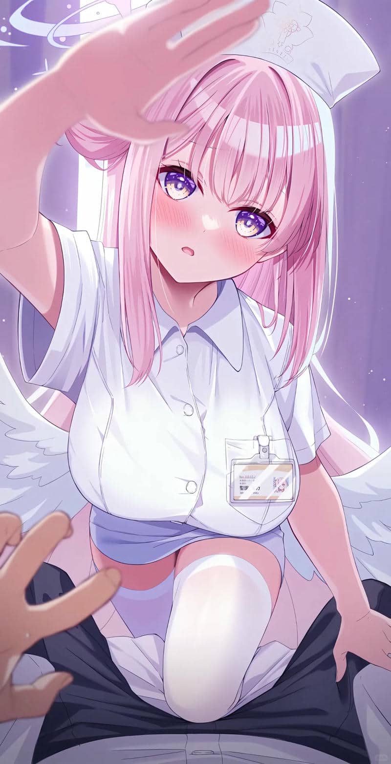 Anime cô gái tóc hồng trong đồng phục y tá, chất lượng HD, 1080x1920, phong cách nghệ thuật cuốn hút.