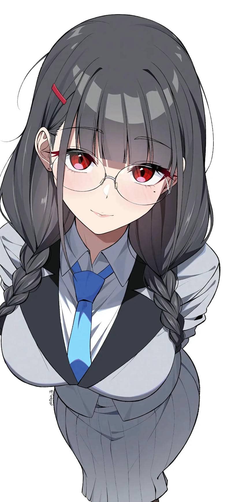 Anime nữ sinh với tóc đen và kính, phong cách thanh lịch, đồ họa 1080x1920 HD.