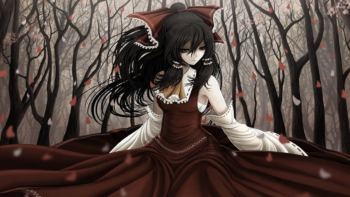 Hình nền anime cô gái trong rừng mùa thu, váy đỏ, lá bay, độ phân giải 1080x1920, chất lượng HD, phong cách nghệ thuật.