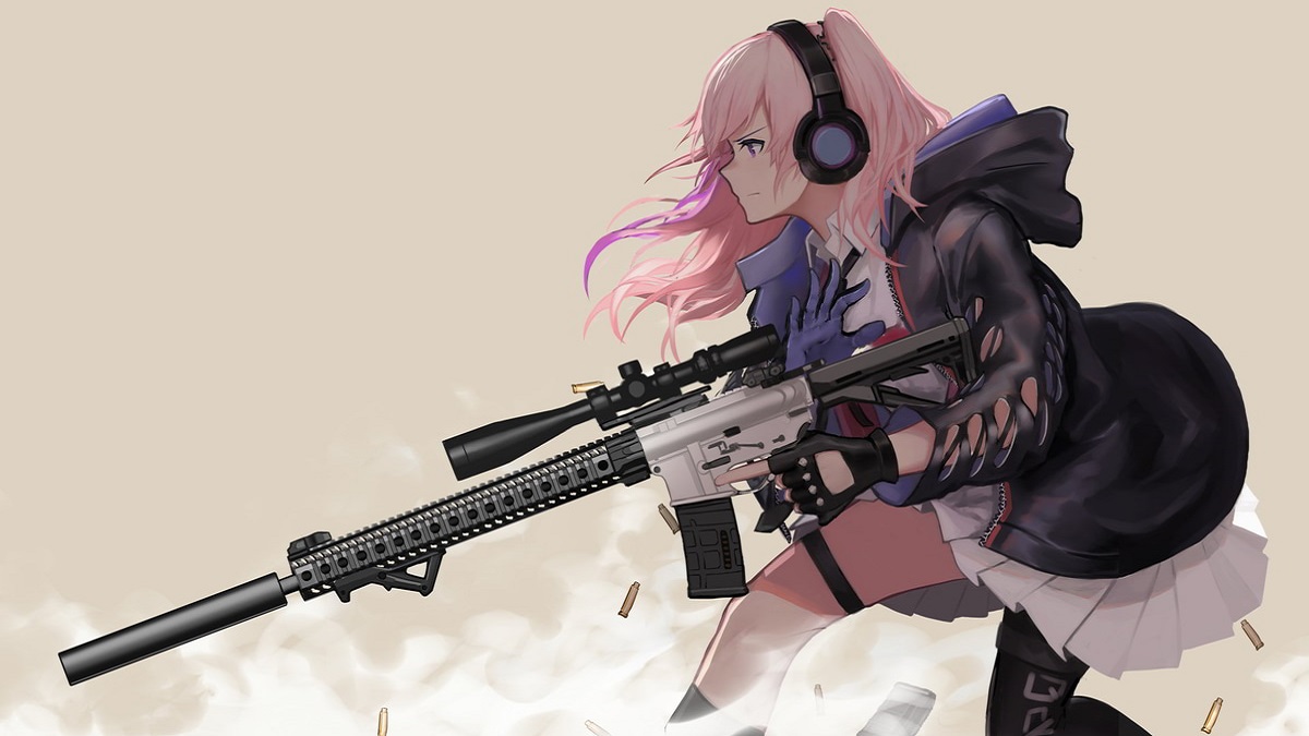 Anime girl holding rifle, dynamic pose, HD image 1080x1920, perfect for wallpaper enthusiasts.